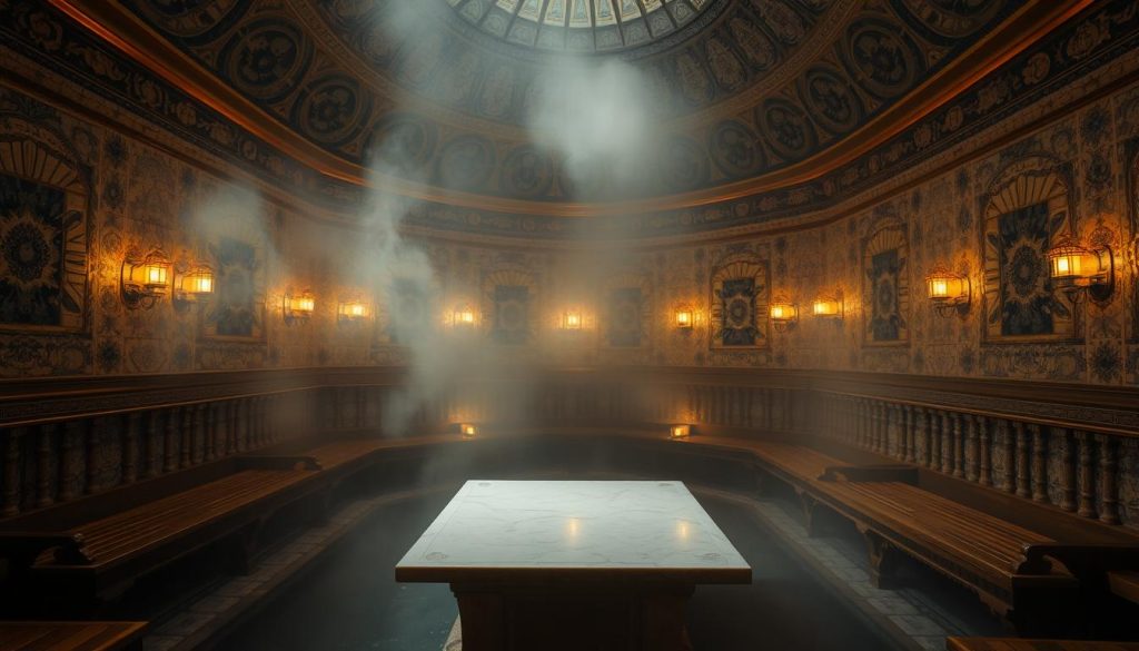 A dimly lit, opulent Turkish bath chamber, with a large, domed ceiling and intricate tile work adorning the walls. The room is filled with a hazy, steamy atmosphere, creating a sense of tranquility and relaxation. A central, heated marble slab sits at the heart of the space, surrounded by ornate wooden benches and antique brass fittings. Soft, ambient lighting casts warm, golden tones, illuminating the intricate architectural details and creating a cozy, inviting ambiance. The scene evokes the timeless elegance and traditional charm of a classic Turkish bathing experience.