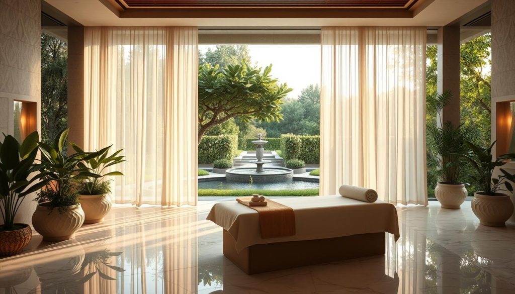 A serene oasis of tranquility, a luxurious wellness journey unfolds amidst the lush greenery of a Turkish spa. Soft natural light filters through the sheer curtains, casting a warm glow on the elegant marble floors and minimalist decor. Plush massage tables await, surrounded by the soothing scent of essential oils and the gentle sound of cascading water. In the background, a picturesque garden vista frames the scene, inviting the senses to drift into a state of deep relaxation and rejuvenation. An atmosphere of indulgence and wellness, where the pursuit of inner peace is the ultimate destination.