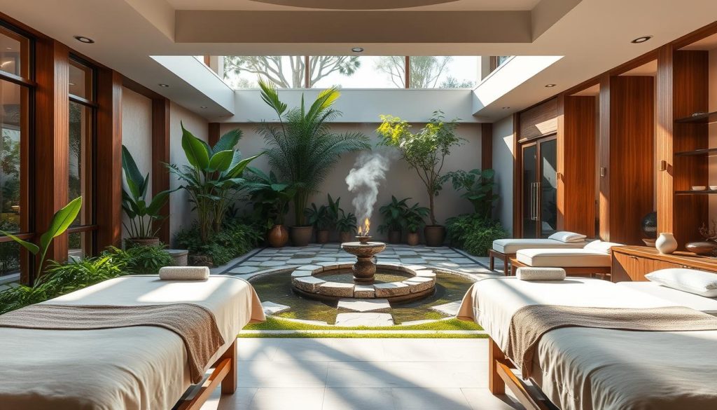 A tranquil spa oasis with natural elements and soothing ambiance. A sun-dappled courtyard with a central water feature, surrounded by lush greenery and stone pathways. Soft lighting filters through large windows, casting a warm glow over plush massage tables and inviting relaxation areas. Polished wood accents and neutral tones create a calming, sophisticated atmosphere. Aroma diffusers emit gentle scents, complementing the serene environment. The scene evokes a sense of respite and rejuvenation, reflecting the professional services offered at the Ataşehir Massage Center.