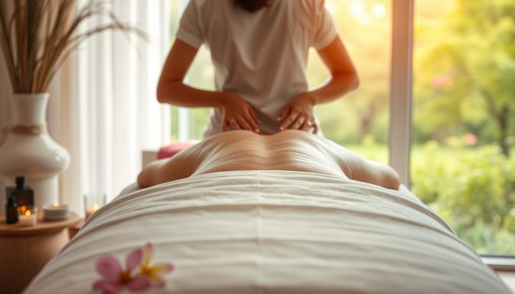 A tranquil spa setting with a massage table in the foreground, soft lighting, and a calming atmosphere. The table is adorned with fresh flowers and essential oil diffusers, creating a serene ambiance. In the middle ground, a masseuse's hands gently kneading the back of a client, their face unseen, as they experience a deeply relaxing and tension-relieving massage. The background features a soothing natural landscape, such as a peaceful garden or a forest scene, conveying a sense of rejuvenation and stress relief.