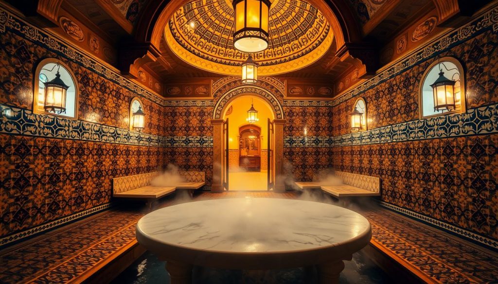 a traditional Turkish hammam or bath house interior, with geometric tile patterns on the walls and floors, steam rising from a central marble slab in the foreground, warm lighting from overhead lanterns creating a cozy, relaxing atmosphere, a mosaic-tiled dome ceiling in the middle ground, and a glimpse of an arched entryway in the background leading to an adjacent room a traditional Turkish hammam or bath house interior, with geometric tile patterns on the walls and floors, steam rising from a central marble slab in the foreground, warm lighting from overhead lanterns creating a cozy, relaxing atmosphere, a mosaic-tiled dome ceiling in the middle ground, and a glimpse of an arched entryway in the background leading to an adjacent room