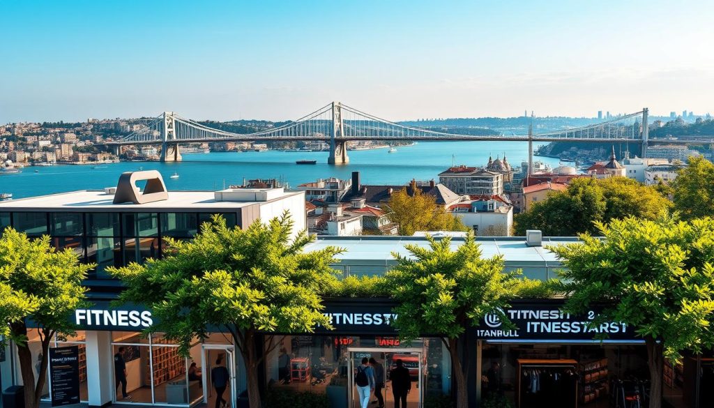 A bustling cityscape of Istanbul's skyline, with the iconic Bosphorus Bridge spanning the azure waters. In the foreground, a collection of modern, state-of-the-art fitness centers, their sleek glass facades gleaming in the warm Mediterranean sun. Vibrant neon signage and lush greenery frame the entrance, beckoning health-conscious locals and visitors alike. The interiors are filled with cutting-edge equipment, natural light, and a palpable energy, as individuals pursue their fitness goals amidst the backdrop of Istanbul's timeless architectural wonders. A serene, yet dynamic atmosphere that captures the essence of the city's thriving fitness culture.