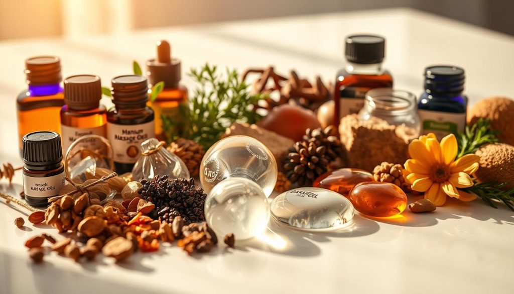 A close-up view of various premium massage gel ingredients arranged in an organized manner on a clean, reflective surface. The scene is bathed in warm, natural lighting, casting gentle shadows that accentuate the textures and colors of the ingredients. In the foreground, a collection of essential oils, plant extracts, and botanical compounds are displayed, each with its unique properties and therapeutic benefits. The middle ground features translucent, viscous gel samples, their fluid nature and glossy finish hinting at the luxurious consistency of the final product. The background is subtly blurred, allowing the focal point to be the high-quality, scientifically-formulated ingredients that make up the premium massage gel. A close-up view of various premium massage gel ingredients arranged in an organized manner on a clean, reflective surface. The scene is bathed in warm, natural lighting, casting gentle shadows that accentuate the textures and colors of the ingredients. In the foreground, a collection of essential oils, plant extracts, and botanical compounds are displayed, each with its unique properties and therapeutic benefits. The middle ground features translucent, viscous gel samples, their fluid nature and glossy finish hinting at the luxurious consistency of the final product. The background is subtly blurred, allowing the focal point to be the high-quality, scientifically-formulated ingredients that make up the premium massage gel.