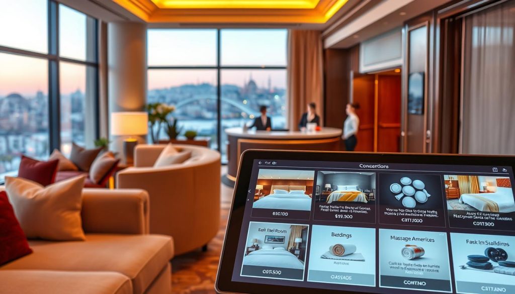 A cozy, luxurious hotel lobby with plush seating, warm lighting, and a sense of welcoming sophistication. In the foreground, a touchscreen display showcases a variety of hotel room options, each with customizable features such as bedding, amenities, and massage services. The middle ground features a concierge desk with a friendly staff member assisting a guest. The background depicts a panoramic view of the Istanbul skyline, hinting at the city's vibrant cultural heritage. The overall atmosphere conveys a sense of effortless relaxation and personalized service, perfectly suited for a getaway focused on massage and spa experiences.