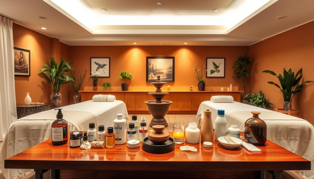 A cozy massage parlor interior with soft lighting, plush massage tables, and holistic decor. In the foreground, an assortment of massage oils, lotions, and tools are neatly arranged on a polished wood table. In the middle ground, a serene water fountain creates a calming ambiance. The background features warm-toned walls adorned with soothing art and tranquil plants, conveying a sense of relaxation and personal preference. The scene is captured with a wide-angle lens, emphasizing the inviting atmosphere of the space.