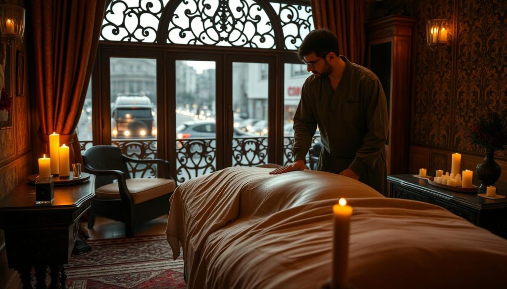 A dimly lit massage studio in Istanbul, with plush textiles, intricately carved wooden furniture, and the faint aroma of incense. A tantra massage therapist stands in the foreground, their hands expertly kneading the back of a reclined client. Soft candlelight illuminates the scene, creating a serene and intimate atmosphere. In the background, a large ornate window overlooks the bustling streets of the city. The composition emphasizes the practiced techniques and tranquil ambiance of this unique form of therapeutic massage.