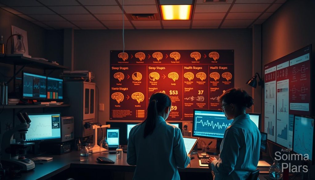 A dimly lit research laboratory with an array of scientific equipment and instruments, including microscopes, beakers, and computer screens displaying sleep data and brain wave patterns. In the foreground, a team of researchers intently examining charts and graphs, while in the background, a large wall display showcases various sleep stages and their corresponding health benefits. The scene is bathed in a warm, amber glow, creating a contemplative and insightful atmosphere, as the researchers delve deep into the mysteries of sleep and its restorative powers.