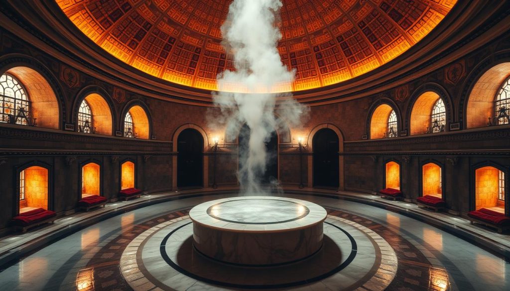 A grand, domed hammam in the heart of Istanbul, its intricate tile work glowing in the warm, diffused light. Steam billows from the central marble plinth, swirling around the elegant arched alcoves. Plush, jewel-toned towels line the perimeter, waiting for bathers to emerge, refreshed and rejuvenated. The space is enveloped in a serene, timeless atmosphere, echoing the centuries-old traditions of Turkish bathing culture. A wide-angle lens captures the grandeur of the architecture, while a high vantage point highlights the symmetry and balance of the design. This is the quintessential Turkish hammam, a haven of relaxation and wellness in the heart of Istanbul.