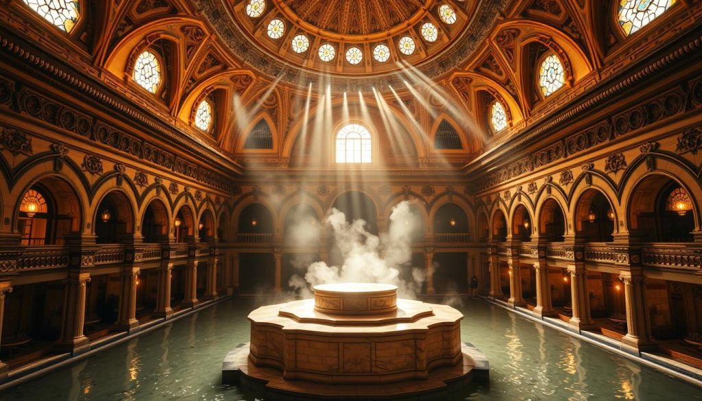 A grand, opulent Turkish bath house in the heart of Istanbul, its ornate domed ceilings and intricate tile work bathed in warm, golden light. Sunlight streams through stained glass windows, casting a glow over the central marble plinth and steaming pools. Decorative arched alcoves line the periphery, beckoning visitors to relax and unwind. The air is thick with the aromatic steam of soothing herbs and oils. The atmosphere is one of tranquility and timeless luxury, transporting the viewer to the golden age of Ottoman bathing culture.