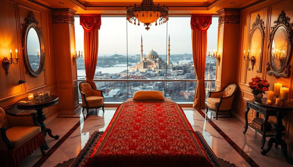 A lavish Turkish massage parlor in Istanbul, bathed in a warm golden glow. Elegant marble floors, plush fabrics, and ornate decor create a serene, luxurious atmosphere. Soft lighting from sconces and candles casts a gentle radiance, while the air is infused with the aroma of exotic spices. In the middle ground, a traditional massage table is draped with a rich, brocade-patterned fabric, awaiting a client to indulge in the latest trendy massage technique. The background features a sweeping view of the Bosphorus Strait, with the iconic silhouette of the Hagia Sophia in the distance, hinting at the cultural heritage of this ancient city. A lavish Turkish massage parlor in Istanbul, bathed in a warm golden glow. Elegant marble floors, plush fabrics, and ornate decor create a serene, luxurious atmosphere. Soft lighting from sconces and candles casts a gentle radiance, while the air is infused with the aroma of exotic spices. In the middle ground, a traditional massage table is draped with a rich, brocade-patterned fabric, awaiting a client to indulge in the latest trendy massage technique. The background features a sweeping view of the Bosphorus Strait, with the iconic silhouette of the Hagia Sophia in the distance, hinting at the cultural heritage of this ancient city.