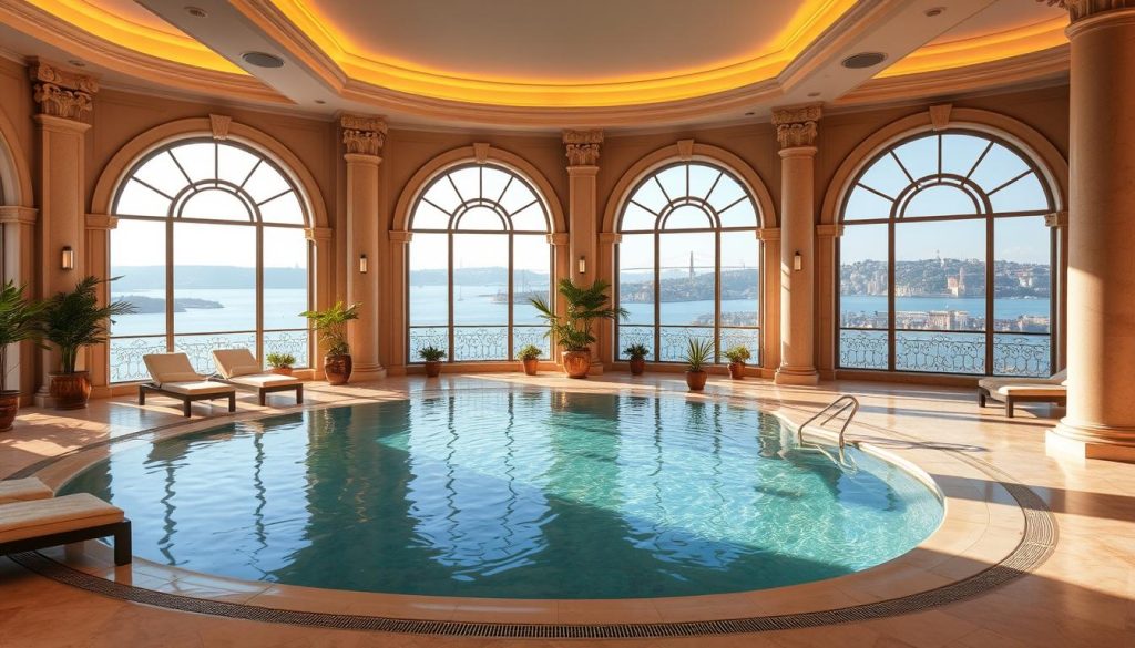 A luxurious indoor pool with a stunning panoramic view of the Bosphorus Strait in Istanbul. The pool is surrounded by ornate arched windows that flood the space with warm, natural light. Plush lounge chairs and lush potted plants create a serene, spa-like ambiance. Polished marble floors and elegant columns add a touch of timeless sophistication. The pool's surface gently reflects the architectural details, creating a sense of peaceful tranquility. Soft, diffused lighting from overhead fixtures casts a soothing glow, enhancing the relaxing atmosphere. This world-class facility offers the ultimate oasis for pure indulgence and relaxation.