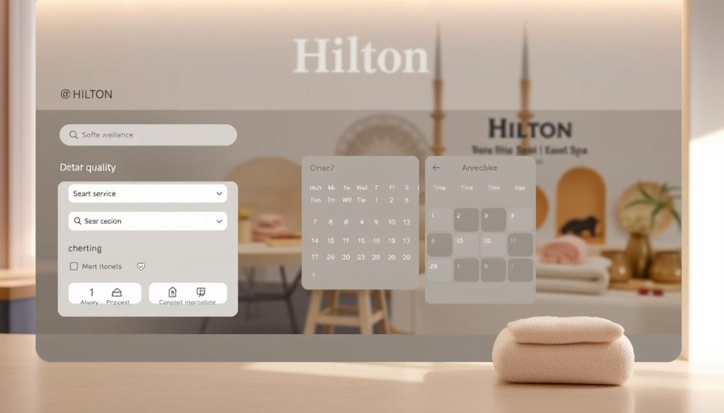 A modern and intuitive online spa booking interface for the Hilton Hotel Istanbul, showcasing a clean and visually appealing design. The system features a prominent search bar, with options to select the desired service, date, and time. The foreground displays a smooth, minimalist layout with high-quality icons and elegant typography. The middle ground showcases a calendar view and available timeslots, allowing for seamless booking. The background subtly incorporates the Hilton brand, with muted tones and a hint of Istanbul's architectural elements, creating a calming and luxurious atmosphere. Soft, natural lighting illuminates the scene, emphasizing the user-friendly experience.