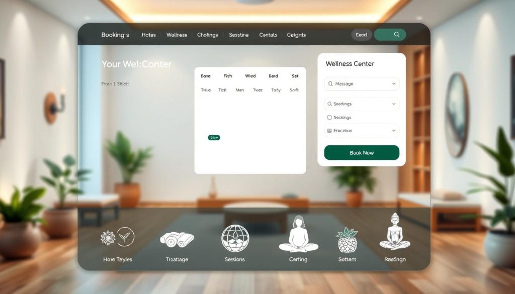 A modern, sleek digital booking interface with an intuitive layout, featuring a prominent "Book Now" button and clean typography. The background showcases a serene wellness center, with soft lighting, natural wood accents, and a calming color palette of blues and greens. The middle ground displays a calendar view, appointment slots, and user-friendly navigation. In the foreground, high-resolution icons and illustrations depict massage treatments, meditation sessions, and other wellness offerings. The overall atmosphere exudes a sense of tranquility and professionalism, inviting the viewer to embark on their wellness journey.