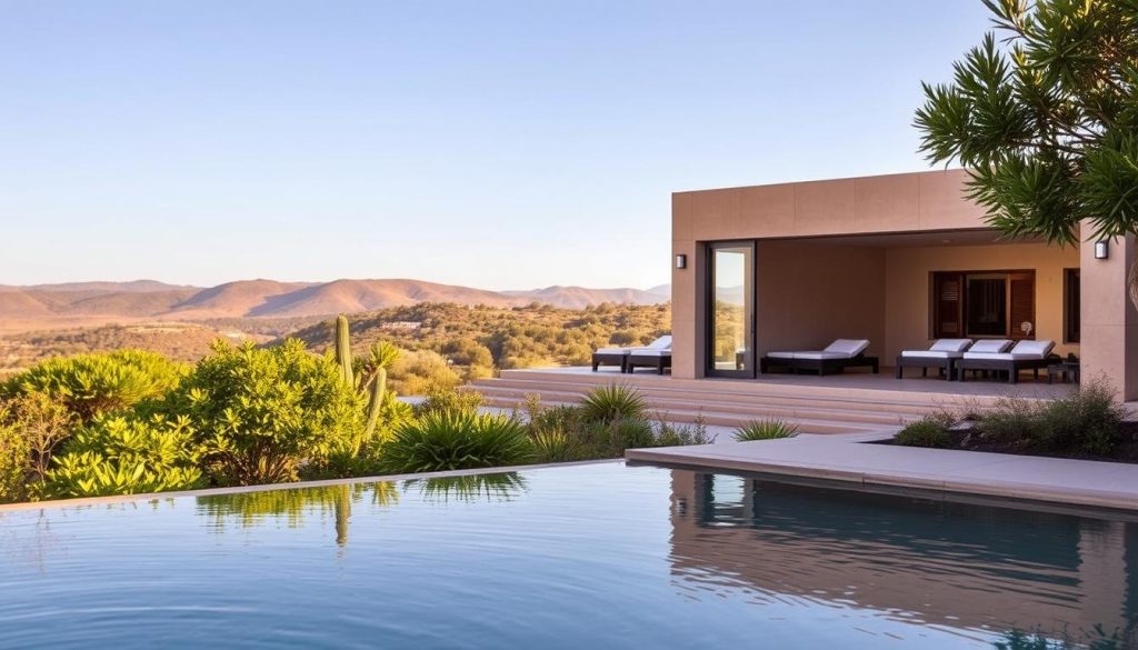 A pristine and serene spa landscape, bathed in warm, natural lighting. In the foreground, a tranquil reflection pool, its surface gently rippling. Lush, verdant foliage surrounds the pool, creating a sense of seclusion and calm. In the middle ground, a thoughtfully designed spa pavilion, its clean lines and earthy tones blending seamlessly with the natural environment. Elegant, minimalist interiors are visible through large, open windows. In the background, a backdrop of rolling hills and a clear, azure sky, creating a harmonious and rejuvenating atmosphere.