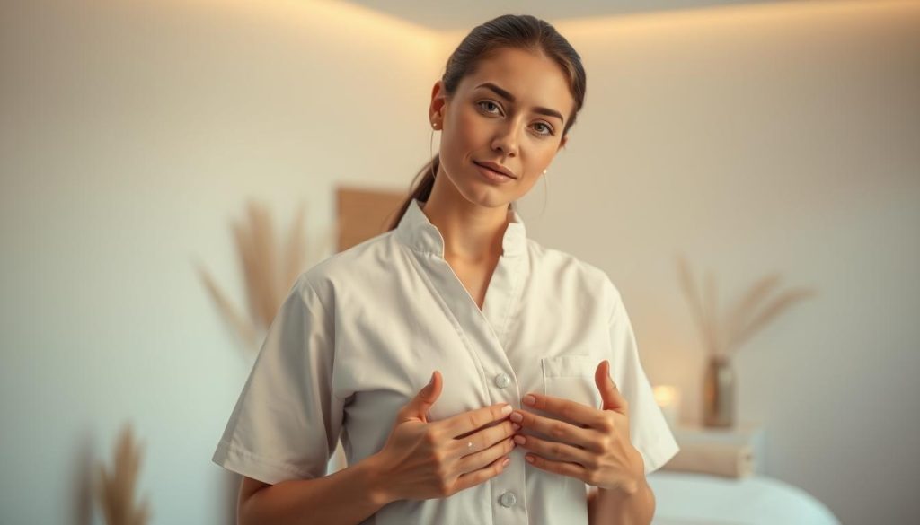 A professional masseuse standing in a serene, calming massage studio, bathed in warm, soft lighting. The masseuse is wearing a crisp, clean massage uniform, with a calm, focused expression on their face. In the background, subtle hints of soothing decor, such as natural wood accents and gentle plant life, create a tranquil atmosphere. The camera angle is positioned slightly above, showcasing the masseuse's skilled hands and the peaceful setting, inviting the viewer to imagine the relaxing massage experience.