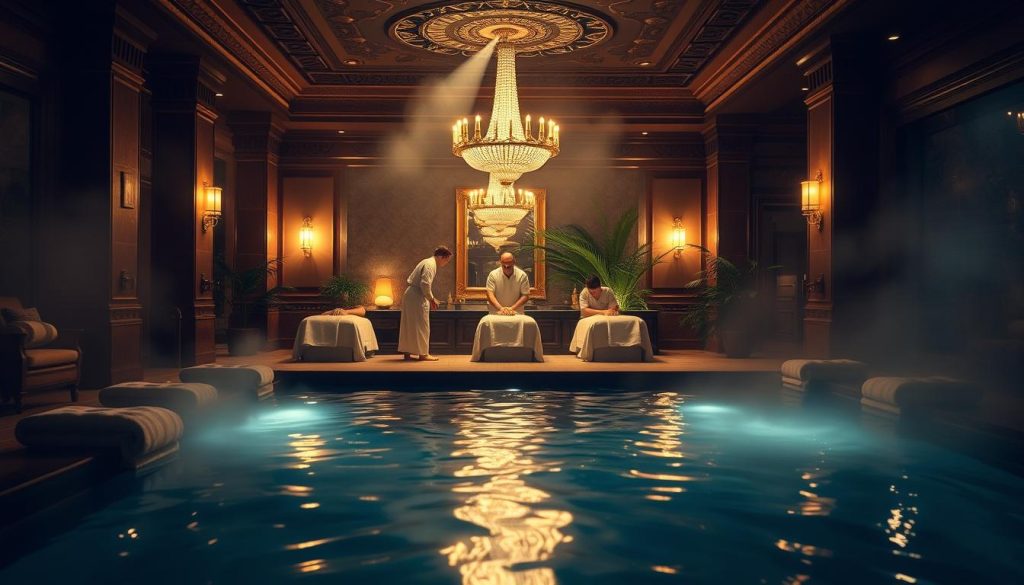 A serene Turkish spa oasis nestled in the heart of Taksim, Istanbul. The foreground showcases a tranquil pool surrounded by plush towels and luxurious robes. The middle ground features a team of skilled therapists preparing premium massage treatments, their hands gliding effortlessly over the clients' relaxed bodies. The background reveals a dimly lit, opulent interior with intricate tilework, ornate lighting fixtures, and lush greenery, conveying an atmosphere of indulgence and rejuvenation. Soft, diffused lighting casts a warm, soothing glow throughout the scene. Hazy, atmospheric effects add a sense of dreamlike serenity. The overall mood is one of pure, unadulterated relaxation and pampering.