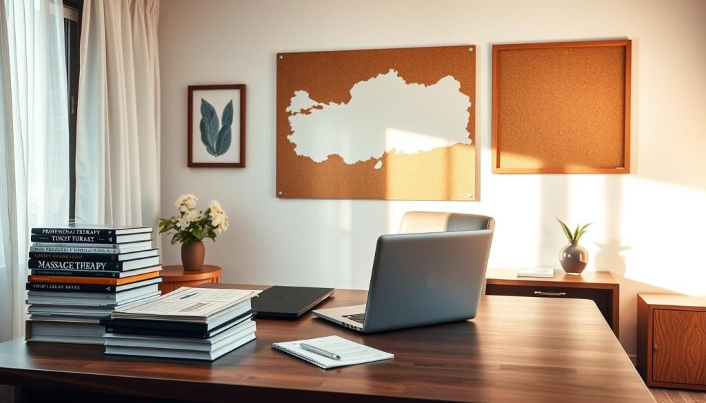 A serene and tranquil office space, softly lit by natural sunlight filtering through sheer curtains. The large wooden desk is adorned with a laptop, a stack of professional massage therapy books, and a handful of well-organized papers. In the background, a corkboard displays a map of Turkey, highlighting potential massage therapy locations. The walls are decorated with soothing, nature-inspired artwork, creating a calming and contemplative atmosphere. A comfortable, high-backed chair invites the viewer to sit and immerse themselves in the research process. The overall scene conveys a sense of diligence, professionalism, and a dedication to providing the best possible massage therapy experiences in Turkey.
