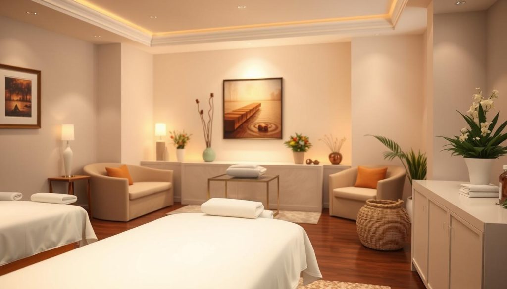 A serene, calming massage parlor interior with soft lighting, plush furnishings, and tranquil decor. In the foreground, elegant massage tables draped in crisp white linens. The middle ground features tasteful artwork and calming water features, evoking a sense of relaxation and professionalism. The background showcases a harmonious blend of natural elements, like potted plants and soothing earth tones, creating an atmosphere of healing and well-being. The overall scene conveys the ethical and holistic nature of the massage industry, free from prejudiced stereotypes.
