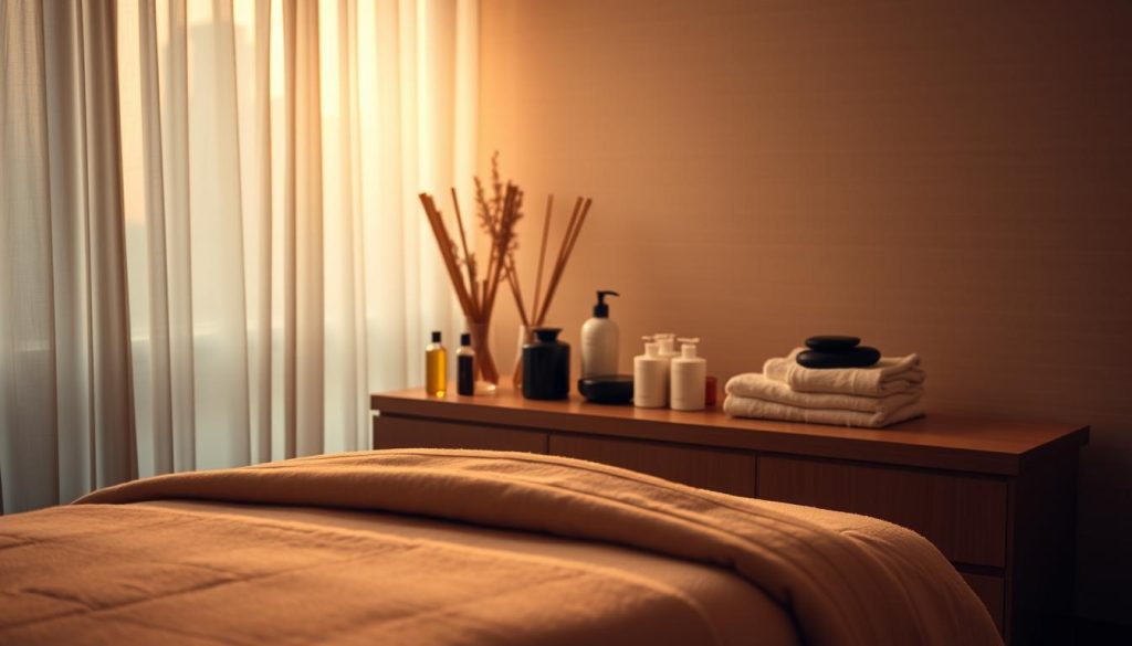 A serene, dimly lit massage room with soft, warm lighting filtering through sheer curtains. In the foreground, a massage table covered in plush linens, ready for the soothing treatment. Bottles of fragrant massage oils and lotions are neatly arranged nearby. In the middle ground, a selection of massage tools like bamboo sticks, river stones, and plush towels are displayed. The background features a calming, neutral-toned wall with subtle textures, creating a peaceful ambiance. The overall mood is one of tranquility and relaxation, setting the stage for a rejuvenating massage experience. A serene, dimly lit massage room with soft, warm lighting filtering through sheer curtains. In the foreground, a massage table covered in plush linens, ready for the soothing treatment. Bottles of fragrant massage oils and lotions are neatly arranged nearby. In the middle ground, a selection of massage tools like bamboo sticks, river stones, and plush towels are displayed. The background features a calming, neutral-toned wall with subtle textures, creating a peaceful ambiance. The overall mood is one of tranquility and relaxation, setting the stage for a rejuvenating massage experience.