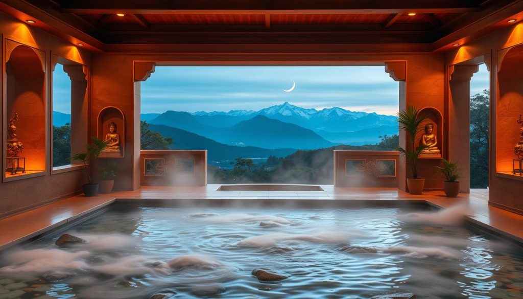 A serene fusion of Eastern and Western spa traditions, bathed in warm, soft lighting. In the foreground, a tranquil pool with steam rising, surrounded by smooth river stones and lush potted plants. Recessed alcoves line the middle ground, each containing a ornate, gilded statue. The background unveils a panoramic view of a distant, snow-capped mountain range, with a crescent moon illuminating the scene. An atmosphere of profound relaxation and restoration permeates the space, inviting the viewer to indulge in a truly rejuvenating experience.