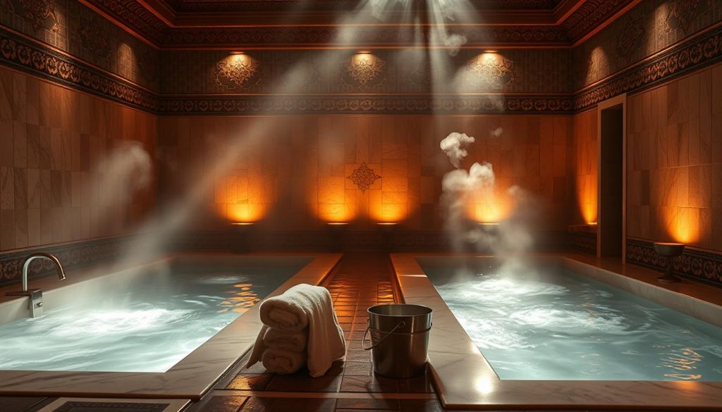 A serene hammam interior bathed in warm, diffused lighting. Intricate tile mosaics line the walls, reflecting the gentle splashing of water in sunken marble basins. Aromatic steam fills the air, creating an atmosphere of tranquility and relaxation. Plush towels and buckets are neatly arranged, ready for the soothing ritual. The scene exudes a sense of timeless, traditional elegance, inviting the viewer to immerse themselves in the calming experience of an authentic Turkish bath. A serene hammam interior bathed in warm, diffused lighting. Intricate tile mosaics line the walls, reflecting the gentle splashing of water in sunken marble basins. Aromatic steam fills the air, creating an atmosphere of tranquility and relaxation. Plush towels and buckets are neatly arranged, ready for the soothing ritual. The scene exudes a sense of timeless, traditional elegance, inviting the viewer to immerse themselves in the calming experience of an authentic Turkish bath.