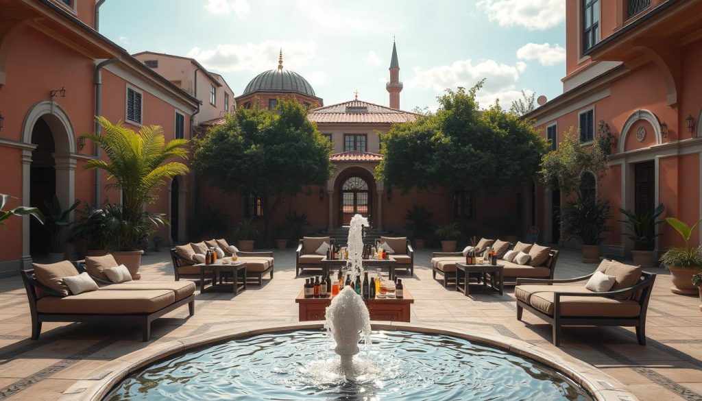A serene, sun-dappled courtyard in Istanbul's historic Sultanahmet district, surrounded by traditional Ottoman-style buildings. In the foreground, an ornate fountain bubbles peacefully, its waters reflecting the warm colors of the architecture. In the middle ground, plush lounge chairs and tables are arranged in a semi-circle, each topped with an array of aromatic oils, incense, and other holistic wellness accoutrements. In the background, lush foliage and a cloudless sky create a tranquil, calming atmosphere. The scene is illuminated by soft, diffused natural lighting, creating a sense of timeless, restorative ambiance. A serene, sun-dappled courtyard in Istanbul's historic Sultanahmet district, surrounded by traditional Ottoman-style buildings. In the foreground, an ornate fountain bubbles peacefully, its waters reflecting the warm colors of the architecture. In the middle ground, plush lounge chairs and tables are arranged in a semi-circle, each topped with an array of aromatic oils, incense, and other holistic wellness accoutrements. In the background, lush foliage and a cloudless sky create a tranquil, calming atmosphere. The scene is illuminated by soft, diffused natural lighting, creating a sense of timeless, restorative ambiance.