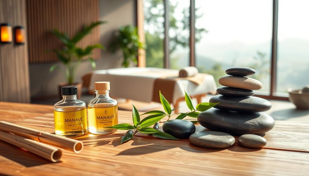 A spa-inspired scene showcasing diverse massage techniques and tools. In the foreground, an array of massage oils, bamboo sticks, and smooth river stones are artfully arranged on a wooden surface, casting soft shadows. The middle ground features a tranquil, minimalist treatment room with a plush massage table, lush greenery, and gentle lighting from sconce-style fixtures. In the background, a panoramic window overlooks a serene, blurred landscape, conveying a sense of peaceful seclusion. The overall mood is one of serene relaxation, inviting the viewer to imagine the blissful experience of the diverse massage options on offer.