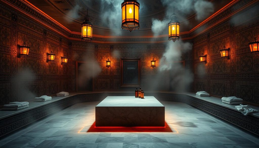 A spacious, dimly lit Turkish bath with intricate tile patterns adorning the walls and floors. Steam fills the air, creating a hazy, tranquil atmosphere. A large, heated marble slab stands at the center, inviting guests to recline and experience the soothing heat. Ornate lanterns hanging from the ceiling cast a warm, amber glow throughout the space. Plush towels and luxurious bath products are neatly arranged, adding to the sense of indulgence. The scene evokes a serene and rejuvenating escape from the bustling city outside, perfectly capturing the essence of a traditional Turkish bath experience.