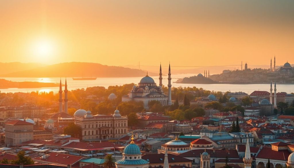 A sweeping panorama of Istanbul's iconic cultural landmarks bathed in warm, golden light. In the foreground, the majestic Hagia Sophia mosque dominates the skyline, its domes and minarets silhouetted against a vibrant sunset. In the middleground, the colorful stalls of the Grand Bazaar bustle with activity, while the Bosphorus Strait winds gracefully between the city's historic districts. In the distant background, the serene waters of the Bosphorus glimmer, flanked by the rolling hills and historic palaces that line the shores. An atmospheric, cinematic scene that captures the timeless beauty and rich cultural heritage of this enchanting city.