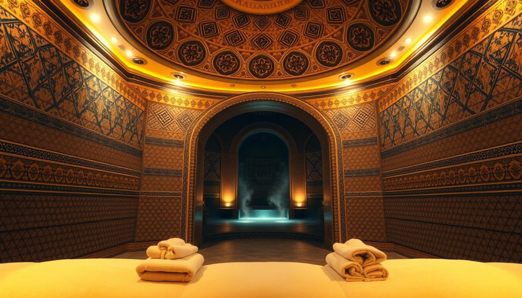 A traditional Turkish hammam interior, with intricate tile patterns adorning the walls and floors. Warm, ambient lighting casts a golden glow, creating a serene and rejuvenating atmosphere. The central domed ceiling features ornate architectural details, while the plush cushions and towels in the foreground invite guests to indulge in a soothing massage experience. The middle ground showcases the grand, arched entryway, leading to a tranquil relaxation area. In the background, a subtle suggestion of steam and mist adds to the calming, spa-like ambiance. A traditional Turkish hammam interior, with intricate tile patterns adorning the walls and floors. Warm, ambient lighting casts a golden glow, creating a serene and rejuvenating atmosphere. The central domed ceiling features ornate architectural details, while the plush cushions and towels in the foreground invite guests to indulge in a soothing massage experience. The middle ground showcases the grand, arched entryway, leading to a tranquil relaxation area. In the background, a subtle suggestion of steam and mist adds to the calming, spa-like ambiance.