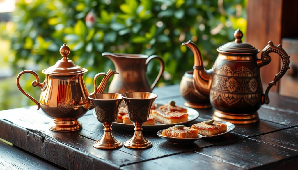 A traditional Turkish tea and coffee set, meticulously arranged on a dark, rustic wooden table. In the foreground, a gleaming copper teapot and two delicate tulip-shaped tea glasses, adorned with intricate patterns. Beside them, a ceramic Turkish coffee pot, its slender spout and ornate handle reflecting the warm, golden lighting. In the middle ground, an array of traditional Turkish sweets, such as baklava and Turkish delight, serve as the perfect accompaniment. The background features a lush, verdant backdrop, hinting at the vibrant culture and natural beauty of Turkey. The scene is bathed in a soft, amber glow, evoking a sense of timeless elegance and authentic hospitality.