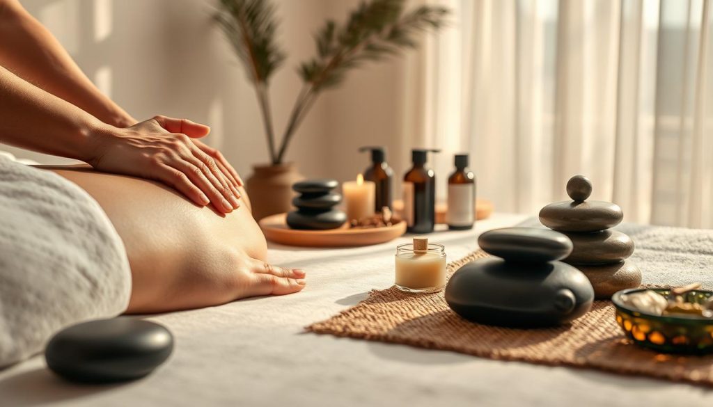 A tranquil scene of massage therapy techniques, captured in exquisite detail. In the foreground, skilled hands glide over tense muscles, releasing stress and restoring balance. The middle ground features an array of therapeutic tools - heated stones, fragrant oils, and soothing liniments - all strategically arranged. In the background, a serene, minimalist setting with natural lighting filtering through sheer curtains, creating a calming, spa-like atmosphere. The image conveys the healing power of massage, inviting the viewer to let go of preconceptions and embrace the restorative benefits of this ancient practice.