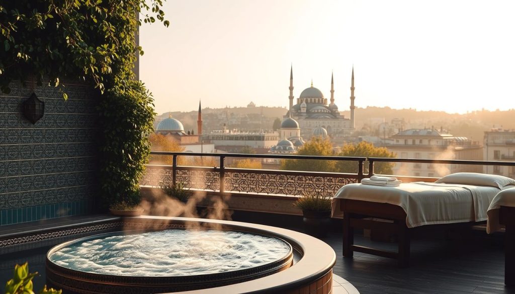 A tranquil scene showcasing the diverse types of massages available in the vibrant city of Istanbul. In the foreground, a lush, verdant Turkish bath with ornate tiled walls and a steaming central tub. In the middle ground, a serene massage parlor with an array of calming therapies, from traditional Turkish oil massages to soothing aromatherapy treatments. In the background, the iconic domes and minarets of the historic city skyline, bathed in a warm, golden light. The overall atmosphere radiates a sense of relaxation and cultural immersion, inviting the viewer to discover the rejuvenating possibilities of Istanbul's massage offerings.