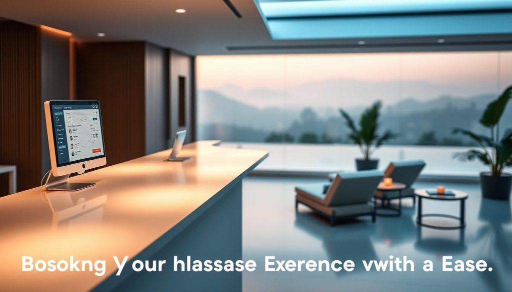 A tranquil spa setting, with a sleek booking counter in the foreground. The counter features a minimalist design, with a computer monitor displaying the spa's booking interface. Soft, diffused lighting casts a warm glow, creating a soothing ambiance. In the middle ground, plush lounge chairs and side tables suggest a cozy waiting area, while potted plants and subtle decor elements add a touch of natural elegance. The background features a serene, blurred landscape, hinting at the peaceful, rejuvenating atmosphere of the spa. The overall composition conveys a sense of relaxation and ease, perfectly capturing the essence of the "Booking Your Night Massage Experience with Ease" section.