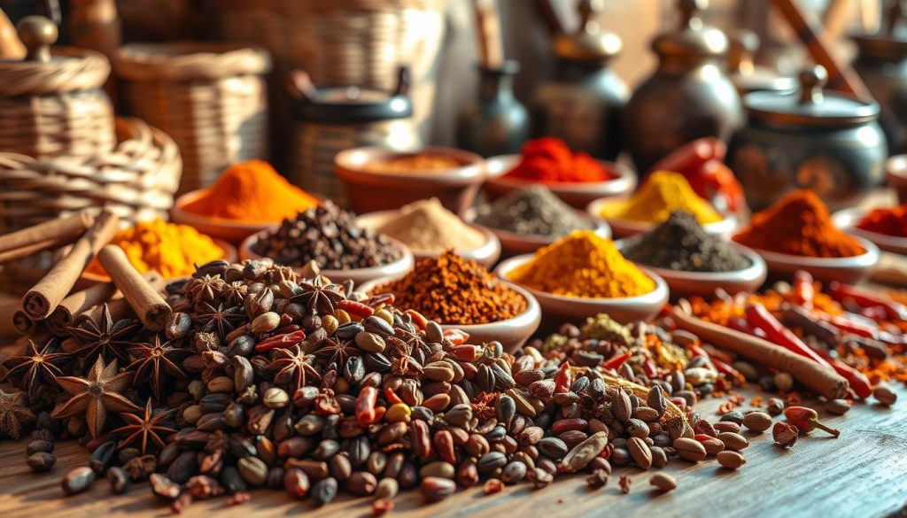 A vibrant still life showcasing the rich diversity of traditional Turkish spices. In the foreground, an array of colorful spice piles - cinnamon sticks, whole cloves, star anise, cardamom pods, and dried chili peppers. The middle ground features terracotta bowls brimming with ground spices like cumin, paprika, and turmeric, their warm hues complementing the rustic wooden table surface. Soft, natural lighting casts gentle shadows, evoking the comforting atmosphere of a traditional spice market. The background features woven baskets, brass spice grinders, and other antique-inspired elements, creating a timeless, authentic scene that celebrates the vibrant culinary heritage of Turkey.
