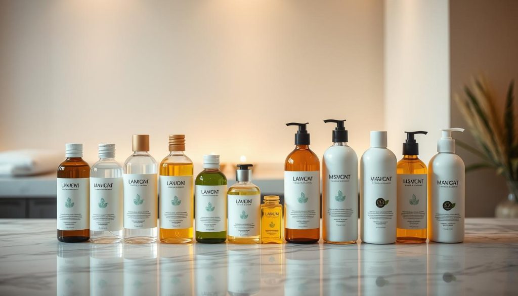 High-quality massage oils and lotions carefully arranged on a marble countertop, with delicate lighting casting a warm, soothing glow. In the background, a minimalist, spa-like setting with natural textures and calming colors, suggesting a serene and rejuvenating atmosphere. The arrangement conveys a sense of professionalism, attention to detail, and tailored solutions for both professional massage therapists and home users seeking a premium self-care experience. High-quality massage oils and lotions carefully arranged on a marble countertop, with delicate lighting casting a warm, soothing glow. In the background, a minimalist, spa-like setting with natural textures and calming colors, suggesting a serene and rejuvenating atmosphere. The arrangement conveys a sense of professionalism, attention to detail, and tailored solutions for both professional massage therapists and home users seeking a premium self-care experience.