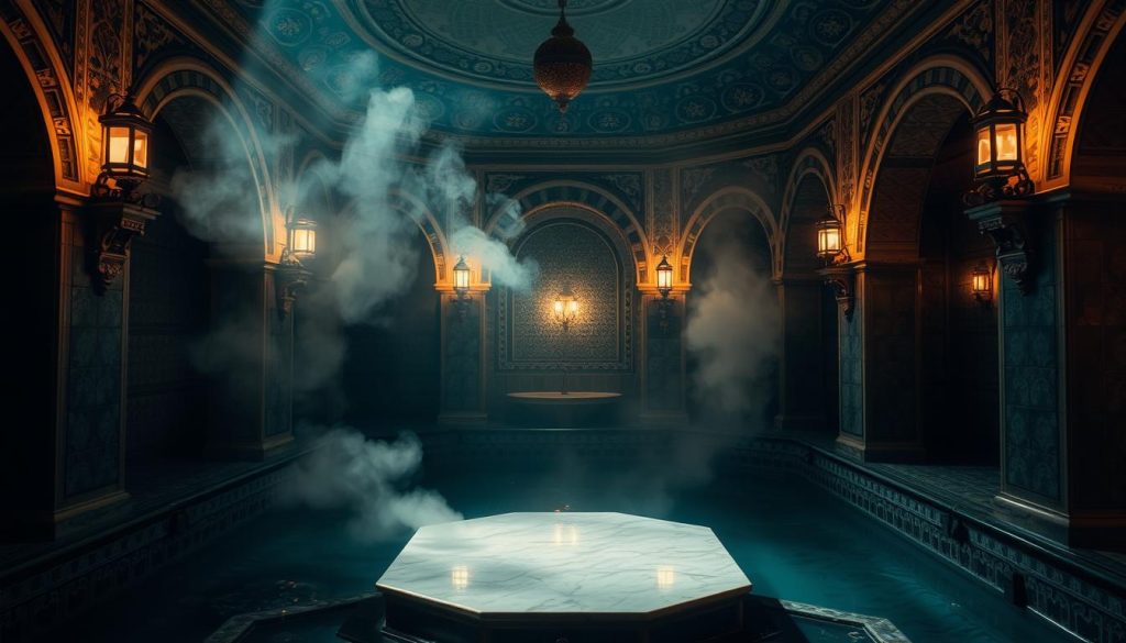 a dimly lit Turkish bath interior with intricate tilework, decorative lamps, and a central heated marble slab. steam rises from hot water, creating a hazy, relaxing atmosphere. ornate archways and columns frame the scene, giving a sense of grandeur. the lighting is soft and warm, casting gentle shadows across the space. the overall mood is one of tranquility and indulgence, inviting the viewer to imagine the soothing experience of a traditional Turkish bath.
