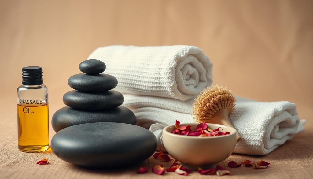 a high-quality, detailed still-life photograph of an arrangement of massage preparation tools, including a massage oil bottle, a massage stone, a roll of cotton towels, a bamboo massage brush, and a small ceramic bowl filled with dried flower petals, all set against a plain, warm-toned background with soft, diffused lighting, creating a serene, spa-like atmosphere