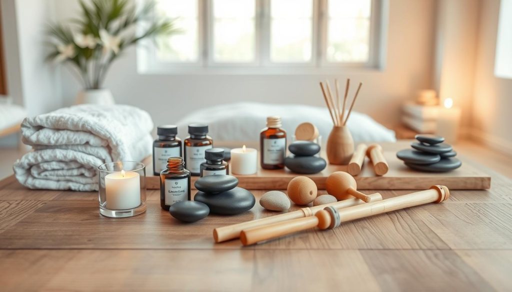 a high-quality, hyper-realistic image of a tranquil and serene spa setting, featuring a variety of signature massage therapy tools and accessories arranged elegantly on a wooden table. In the foreground, there are plush towels, aromatherapy candles, and a set of therapeutic massage oils. The middle ground showcases various massage tools such as smooth river stones, bamboo sticks, and wooden mallets. The background depicts a calming, minimalist interior with natural lighting filtering through large windows, creating a warm and inviting atmosphere. The overall scene exudes a sense of relaxation, wellness, and luxurious pampering, reflecting the essence of the "Signature Massage Therapies" section.