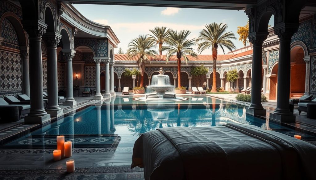 a luxurious Turkish spa in Istanbul, with intricate mosaic tiles, ornate archways, and soft lighting. A serene indoor pool surrounded by columns and plush lounge chairs. The foreground features a massage table draped in high-quality linens, with aromatic candles and essential oils nearby. The middle ground showcases traditional Turkish bath houses, with steam rising from the heated marble surfaces. The background reveals a lush, tranquil courtyard with a central fountain and towering palm trees. The atmosphere is one of tranquility, indulgence, and rejuvenation.