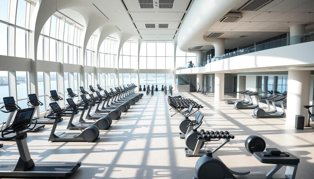 a massive, airy fitness center with floor-to-ceiling windows overlooking the Bosphorus Strait, natural light flooding the space and reflecting off the sleek, modern equipment. Cardio machines and free weights are arranged in a dynamic, open layout, with designated yoga and pilates studios in the background. The color palette features calming shades of gray, blue, and white, creating a serene, rejuvenating atmosphere. Unique architectural elements, such as curved ceilings and sculptural staircases, add a touch of elegance and visual interest. The overall impression is one of an elevated, bespoke fitness experience that seamlessly blends function and form.
