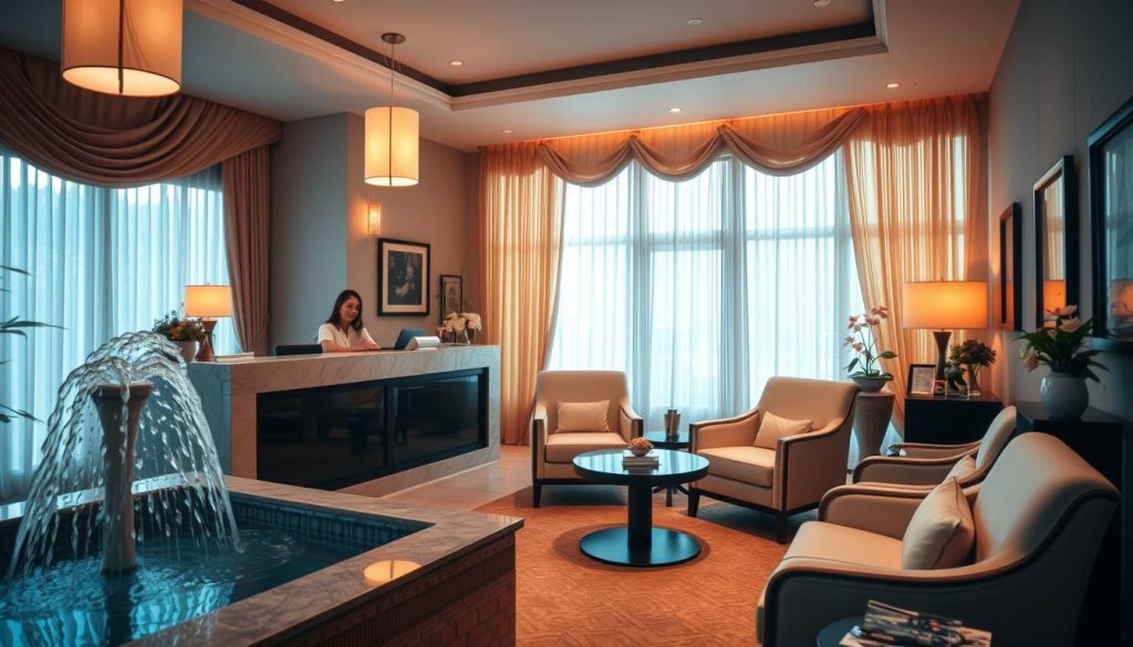 A cozy and inviting spa reception area, softly lit with warm lamps and natural sunlight filtering through elegant curtains. The front desk features a sleek, modern design with a polished marble top, where a friendly staff member assists guests in the booking process. Plush armchairs and a serene water feature create a calming ambiance, inviting visitors to relax and unwind. The space is adorned with tasteful decor, such as potted plants and framed artwork, reflecting the spa's serene and luxurious atmosphere. The overall scene conveys a sense of tranquility and personalized attention, setting the stage for a rejuvenating and indulgent experience.