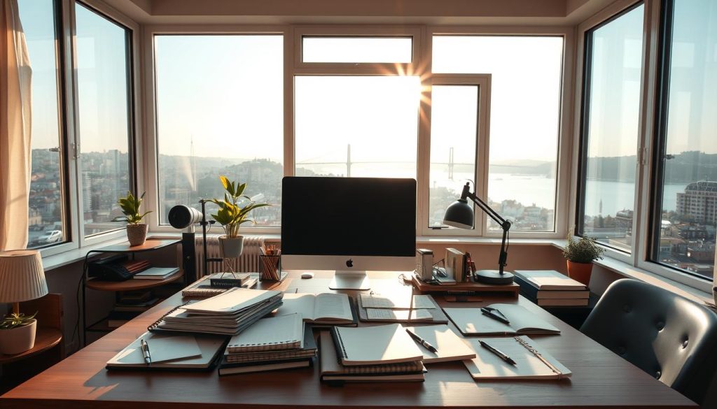 A cozy home office with warm, natural lighting streaming through large windows. On the desk, a meticulously organized array of notebooks, planners, and a computer, symbolizing efficient time management. In the background, a serene city skyline with the iconic Bosphorus Bridge visible, representing the balance between work and life in Istanbul. A harmonious blend of productivity and tranquility, inspiring a healthy, well-rounded lifestyle.
