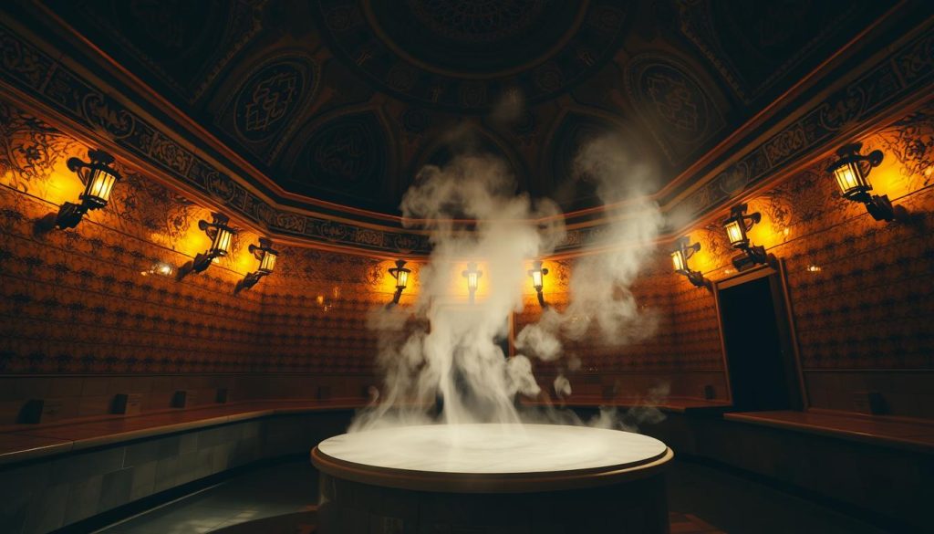 A dimly lit historic hammam interior, with ornate tiled walls and domed ceilings bathed in warm, amber lighting. Steam gently rises from the heated, marble-clad central plinth, creating an atmosphere of tranquility and relaxation. Intricate arabesque patterns adorn the architectural features, casting mesmerizing shadows across the space. The scene is captured from a low angle, emphasizing the grandeur and timeless elegance of this iconic Turkish spa culture. The overall mood is one of timeless, immersive relaxation, inviting the viewer to step back in time and experience the rich history of Istanbul's renowned wellness traditions.