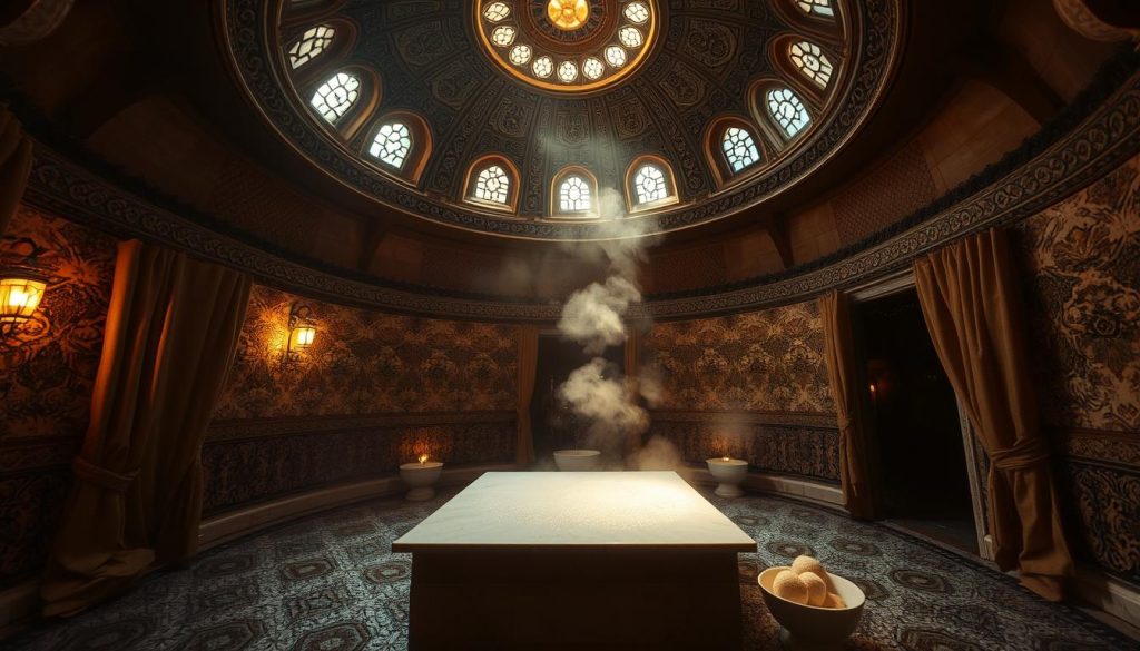 A dimly lit, traditional Turkish hammam in the heart of historic Istanbul. The central dome ceiling towers overhead, casting a warm glow through ornately carved windows. Intricate tile mosaics line the walls, reflecting the shimmering steam rising from the heated marble slab in the center of the room. Plush, draped fabrics and soft lighting create a serene, tranquil atmosphere. A recessed alcove holds basins of fragrant soap and sponges, inviting visitors to indulge in the centuries-old ritual of cleansing and relaxation. The atmosphere evokes the grandeur and elegance of the Ottoman era, transporting the viewer to a bygone era of refined Turkish hospitality and spa traditions.