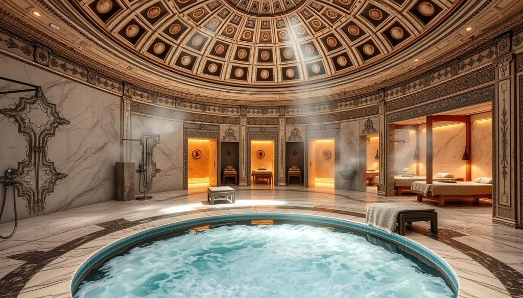 A grand, domed chamber filled with marble, steam, and soothing light. In the foreground, a sunken pool of warm, bubbling water invites relaxation. Alongside it, sleek modern fixtures like rain showers and massage beds blend seamlessly with traditional Turkish bath elements - ornate tiles, carved stone, and plush towels. The middle ground features alcoves with massage tables, where attendants administer luxurious treatments. In the background, a lofty ceiling soars overhead, its intricate patterns casting gentle shadows across the scene. The overall atmosphere is one of timeless elegance, where ancient tradition meets contemporary refinement.