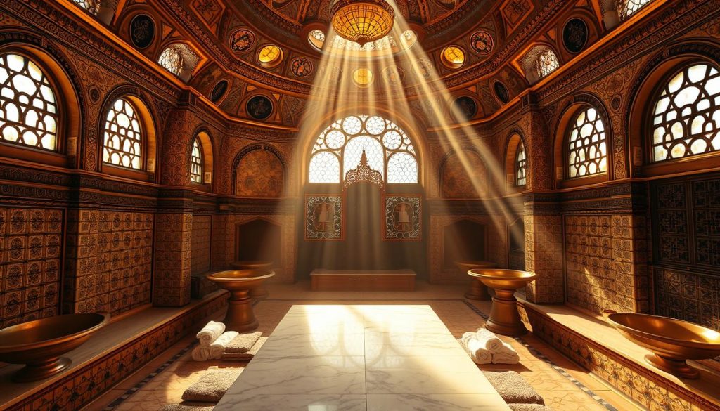 A luxurious Ottoman-style hammam in the heart of historic Istanbul, with intricate tile work, ornate domed ceilings, and warm, golden lighting. Sunlight pours in through large windows, creating a serene, ethereal atmosphere. The foreground features a central marble slab for the cleansing rituals, surrounded by plush towels and traditional bronze washbasins. The middle ground showcases the hammam's iconic layout, with private alcoves and soothing steam rooms. In the background, elaborately carved wooden screens and stained glass create a sense of timeless opulence. This image exudes the tranquility and grandeur of Istanbul's iconic massage venues.