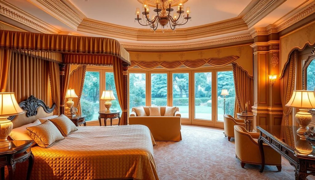 A luxurious hotel suite with plush, golden-hued furnishings and intricate architectural details. The foreground features a grand, four-poster bed draped in shimmering fabric, flanked by ornate side tables and elegant lamps. In the middle ground, a cozy seating area with a sumptuous sofa and armchairs invites relaxation. The background showcases floor-to-ceiling windows overlooking a tranquil garden, bathed in warm, ambient lighting. The overall atmosphere exudes sophistication, comfort, and a sense of refined opulence.
