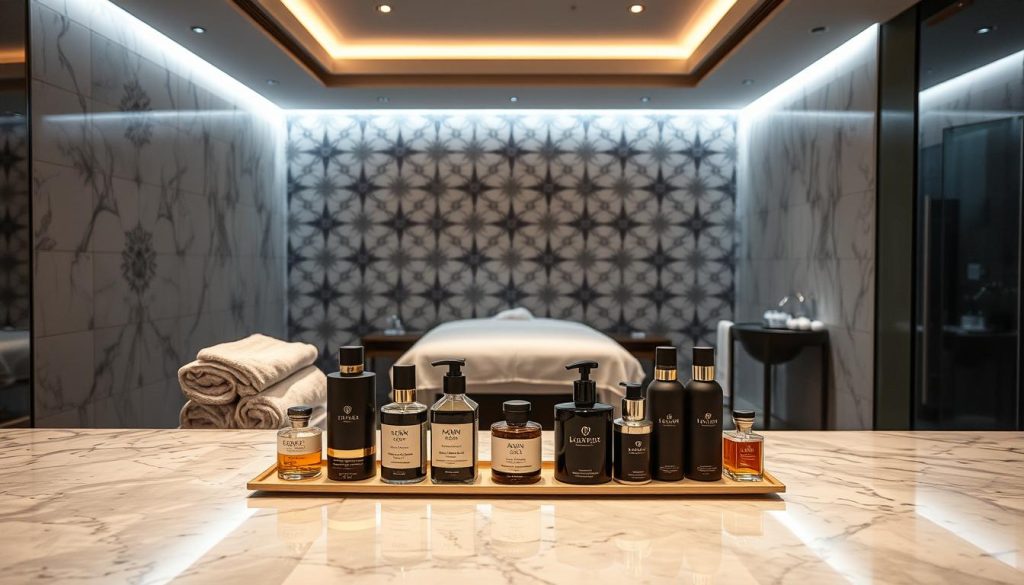 A luxurious men's spa treatment room in Istanbul, with high-end marble surfaces, plush towels, and soothing lighting. In the foreground, an array of premium grooming products and fragrances are artfully displayed. In the middle ground, a massage table is positioned, surrounded by the tranquil atmosphere of the space. The background features an ornate tile pattern, evoking the rich cultural heritage of the city. The overall scene conveys a sense of sophisticated relaxation and pampering, catering to the discerning male clientele.