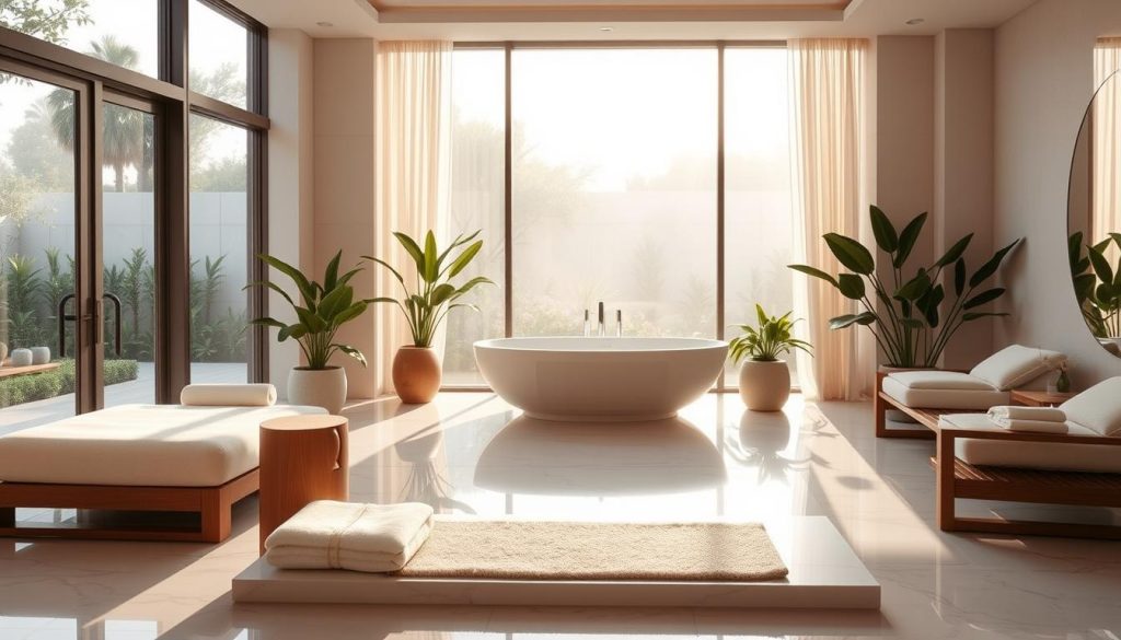 A luxurious, minimalist spa suite with floor-to-ceiling windows overlooking a serene garden. Soft, natural light filters in, casting a warm glow on the marble floors and sleek, wooden furniture. In the center, a large, freestanding bathtub is surrounded by lush potted plants, inviting guests to indulge in a restorative hydrotherapy session. The room exudes an atmosphere of tranquility and wellness, with subtle scents of essential oils permeating the air. Plush, cream-colored textiles and a neutral color palette create a calming, zen-like ambiance, perfectly encapsulating the essence of a luxury wellness detox experience.